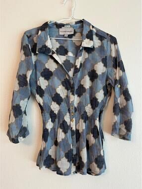 Alex & Parker Blouse Tie Front Gold Gray White Geometric Pattern Womans XL